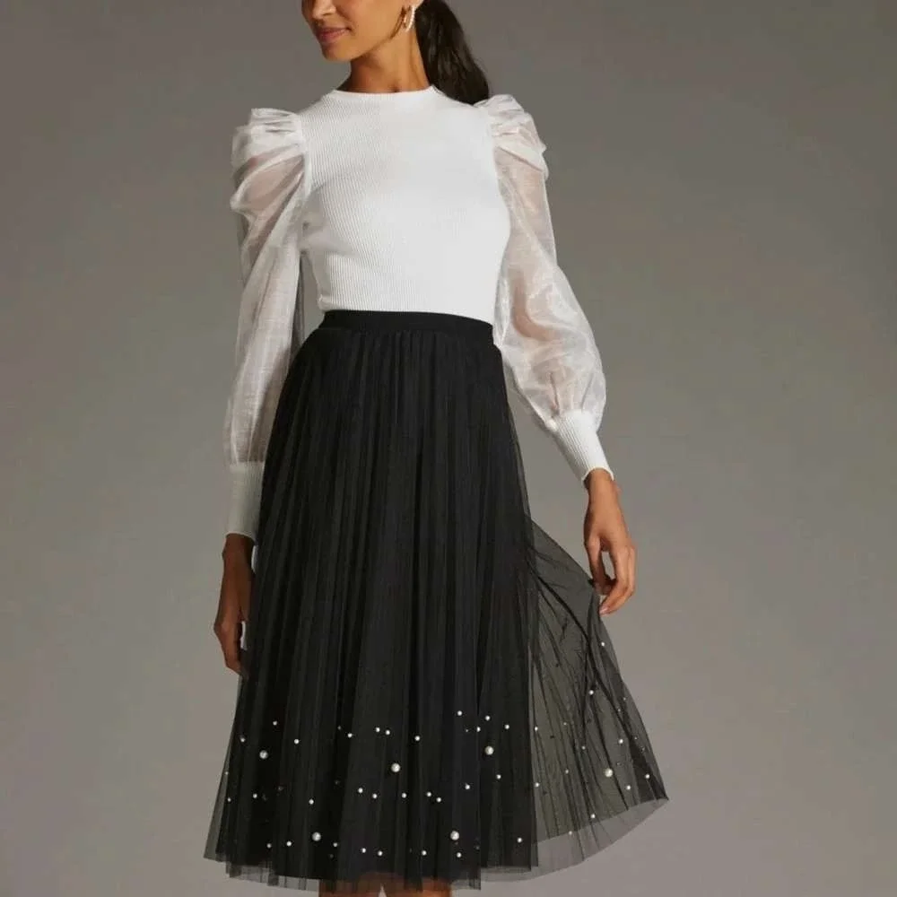 NWT Anthropologie Dolan Left Coast Ribbed Puff Sheer Sleeve Top‎ White Blouse XS